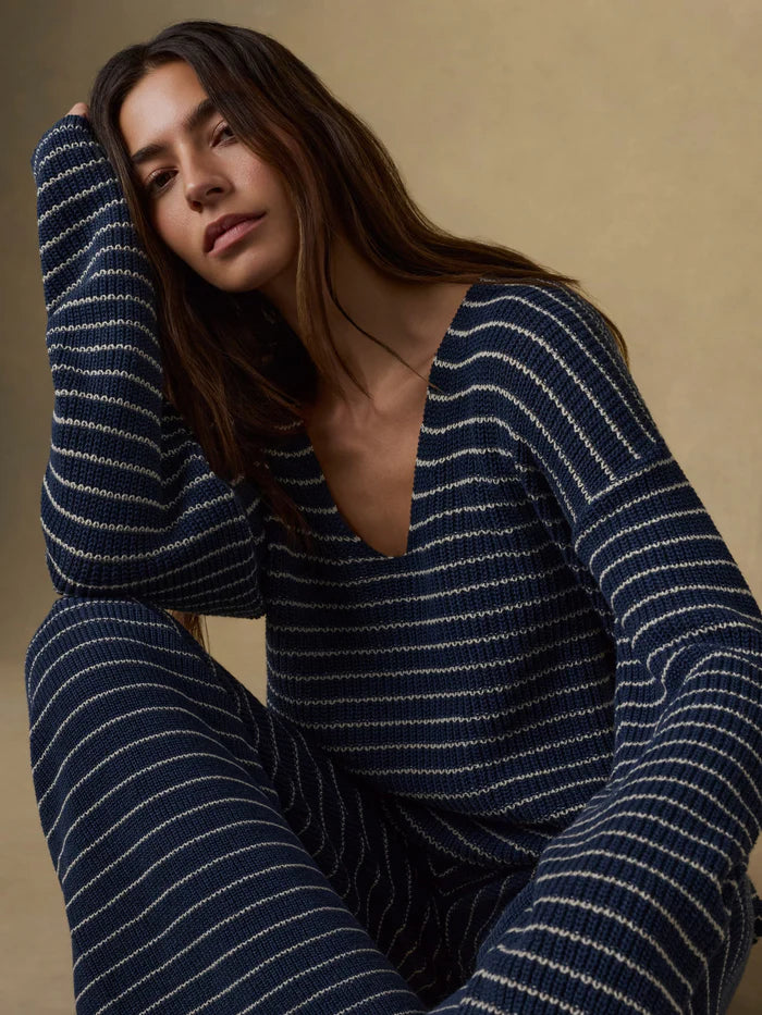 MIRKYN  Linen Deep V-Neck Sweater - Navy Stripe