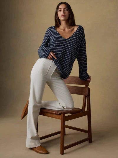 MIRKYN  Linen Deep V-Neck Sweater - Navy Stripe