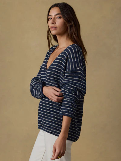 MIRKYN  Linen Deep V-Neck Sweater - Navy Stripe